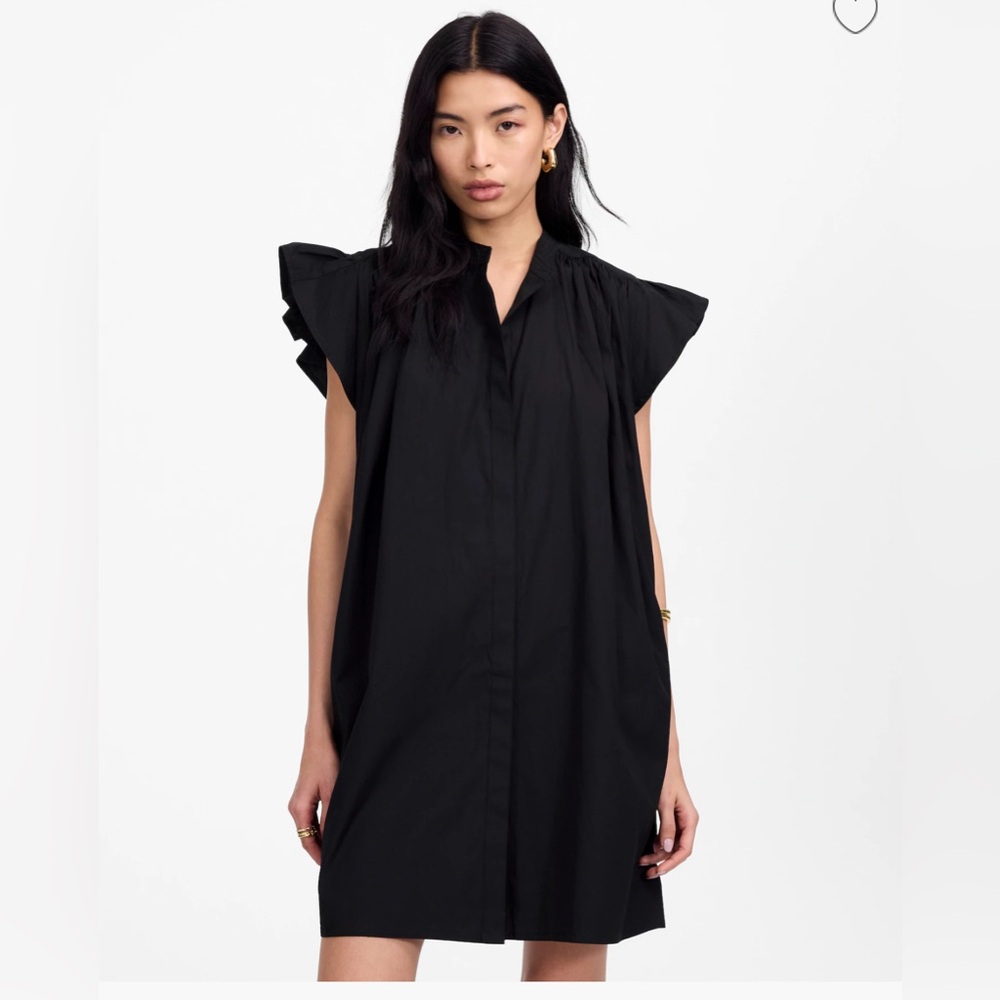 Madewell Flutter Sleeve Button-Front Mini Dress in Black Poplin $118 Sz. M NEW